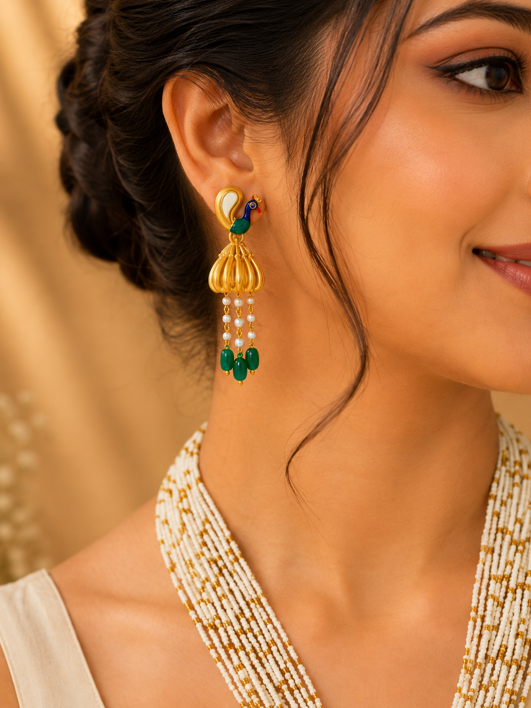 Peacock Pearl Layered Necklace Set with Statement Earrings | Traditional Ethnic Jewellery by Liza