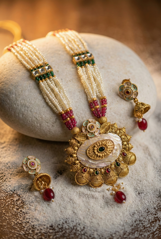 LZ-64 Royal Pearl & Stone Studded Traditional Necklace Set