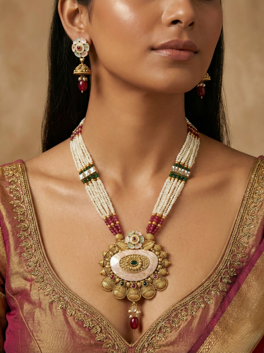 LZ-64 Royal Pearl & Stone Studded Traditional Necklace Set