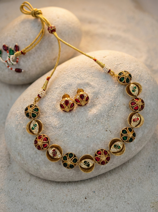 LZ- 67 Traditional Red & Green Stone Studded Heritage Necklace Set