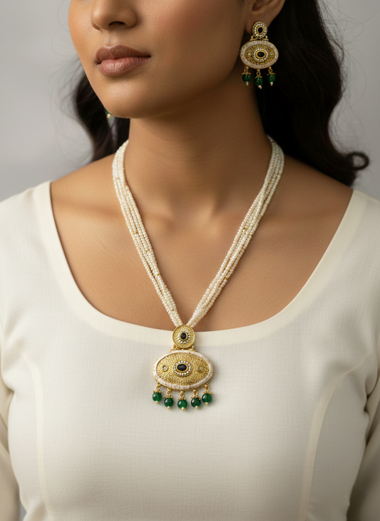 LZ-06 Pearl Necklace Set with Green Stone Pendant & Matching Earrings
