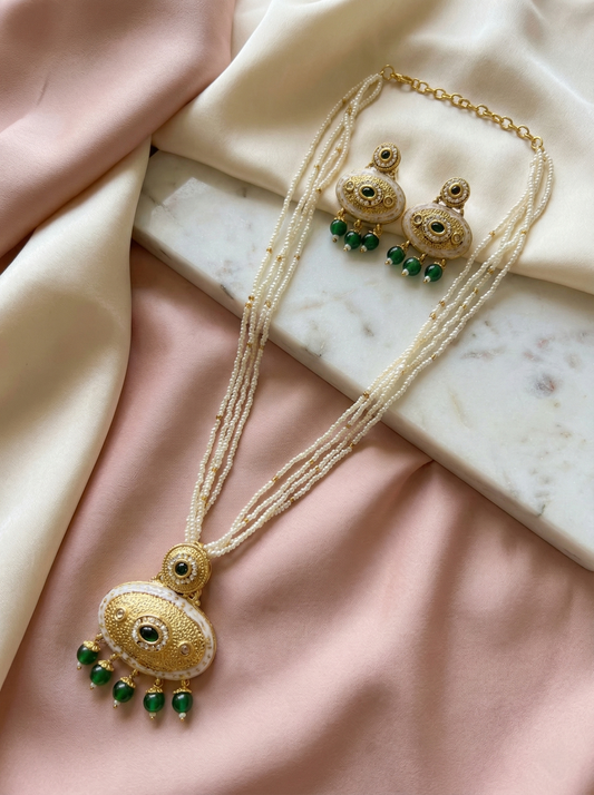 LZ-06 Pearl Necklace Set with Green Stone Pendant & Matching Earrings