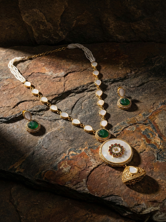 LZ-03 Anti-Tarnish Necklace Set with Mother of Pearl & Green Stone | Stainless Steel Ethnic Jewellery for Women