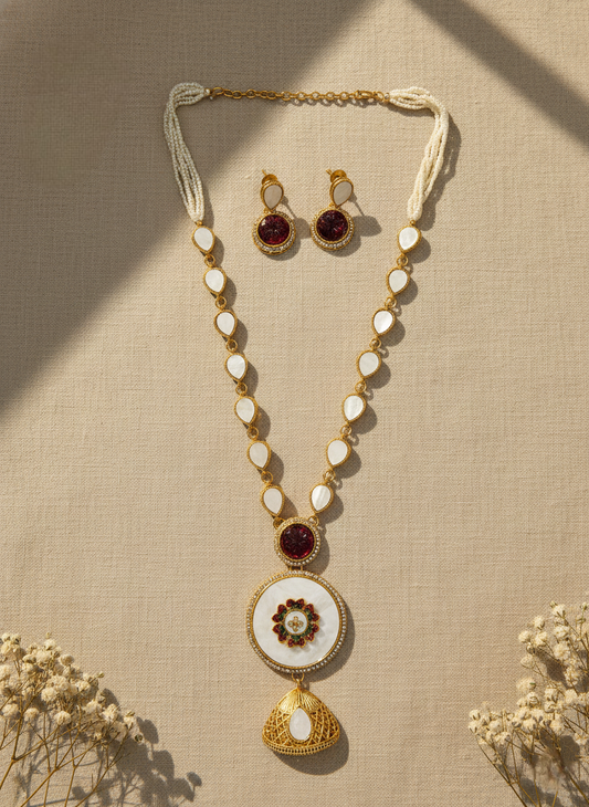 LZ-04 Long Necklace Set with Pearl Strands & White Stone Pendant