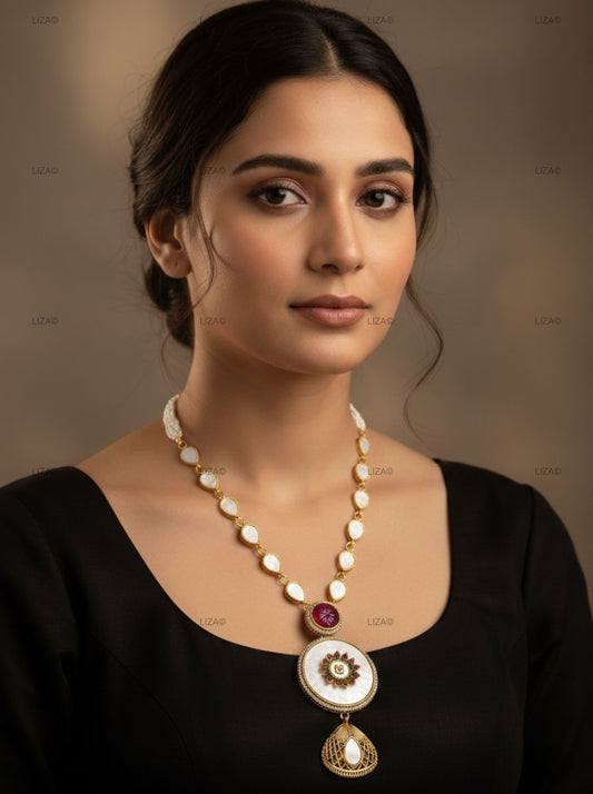 LZ-04 Long Necklace Set with Pearl Strands & White Stone Pendant
