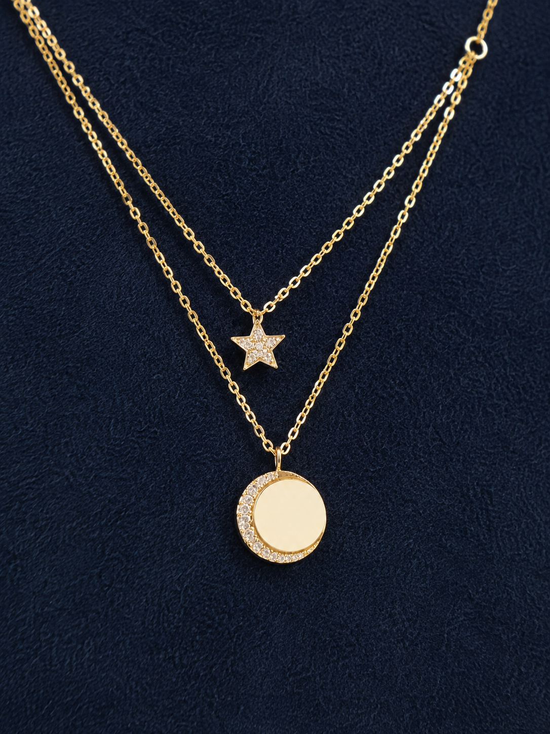 LZ-156 Gold-Tone Double Layer Star & Crystal Pendant Necklace