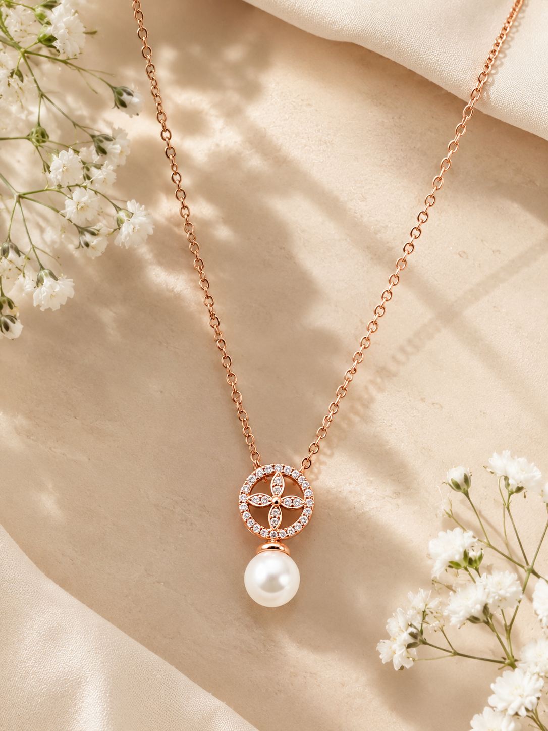 LZ-174 Rosé Fleur Pearl Drop Necklace