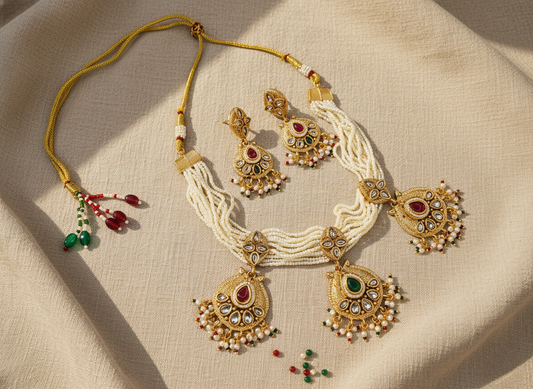 LZ-12 Copper Based Necklace Set with Pearls & Kundan