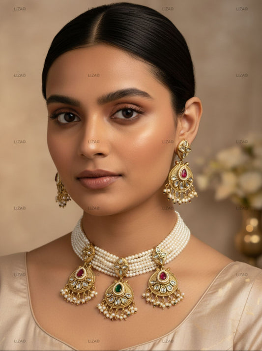 LZ-12 Copper Based Necklace Set with Pearls & Kundan