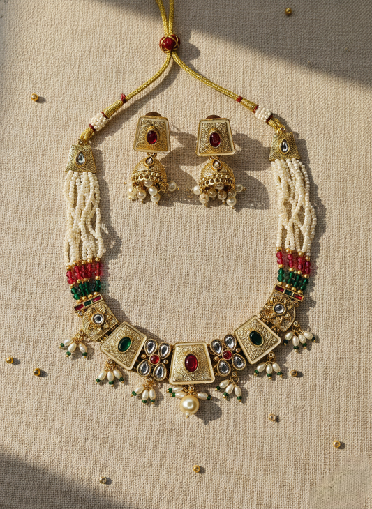 LZ-17 Pearl Kundan Necklace Set with Jhumka Earrings