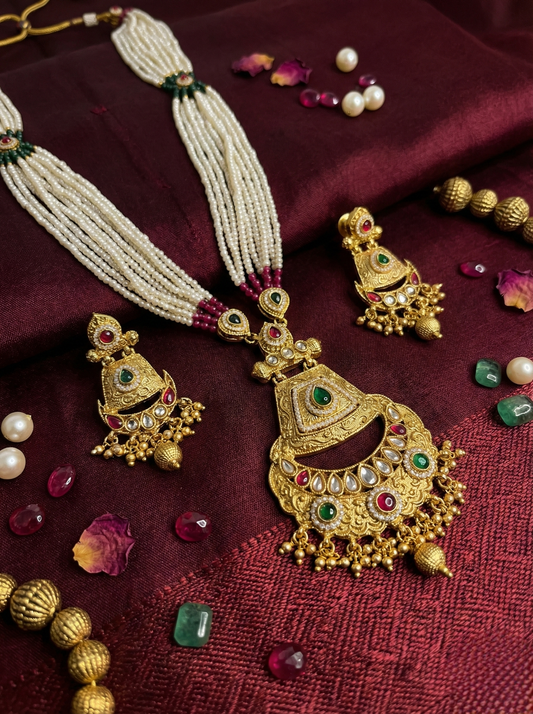 LZ-63 Long Pearl Rani Haar Necklace Set with Kundan & Meenakari Pendant