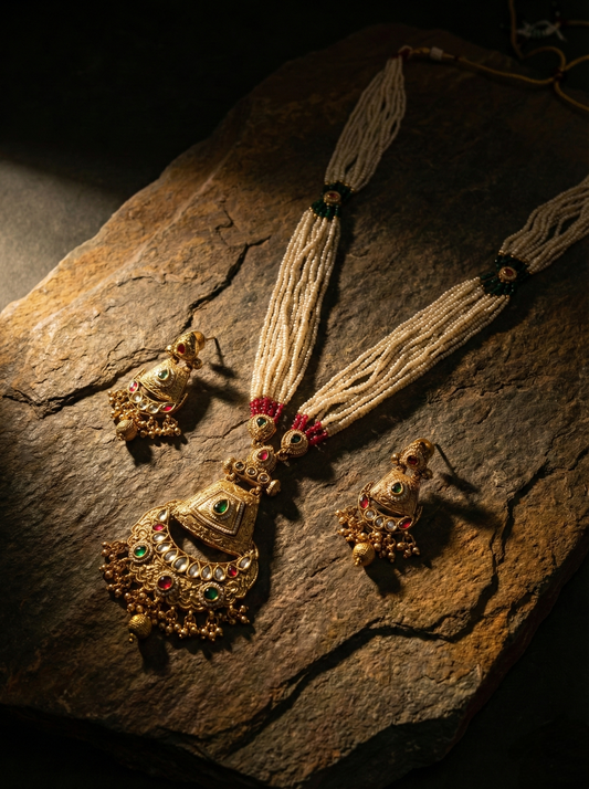 LZ-63 Long Pearl Rani Haar Necklace Set with Kundan & Meenakari Pendant
