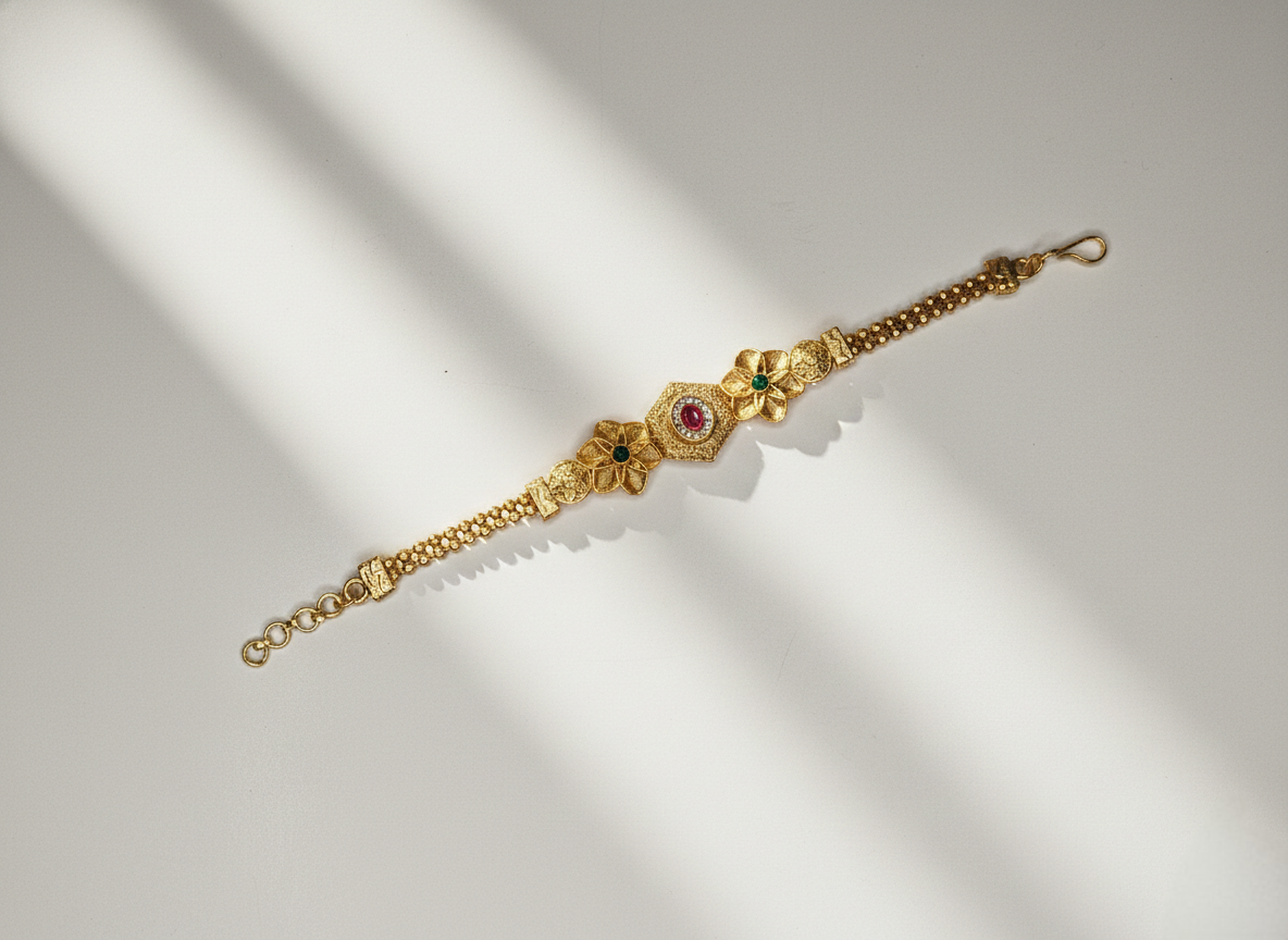 LZ-58 Floral Design Stone Studded Copper Bracelet