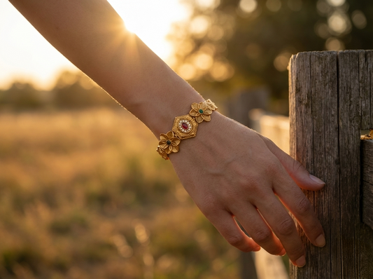 LZ-58 Floral Design Stone Studded Copper Bracelet
