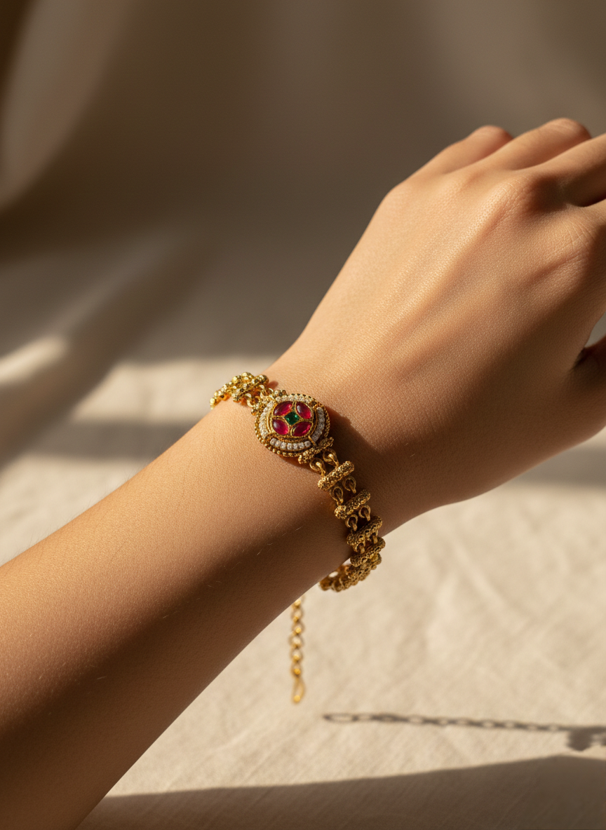 LZ-71 Traditional Round Motif Stone Studded Copper Bracelet
