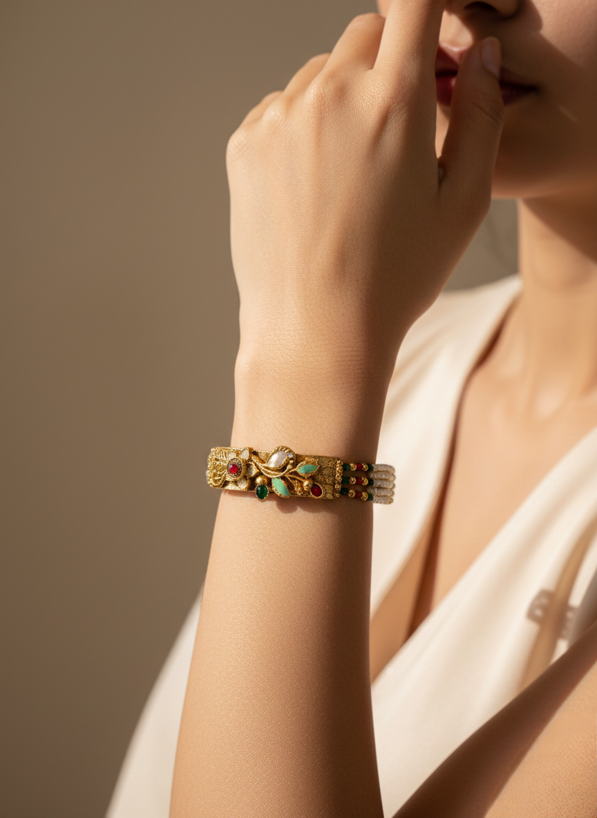 LZ-75 Antique Gold Floral Pearl Bracelet