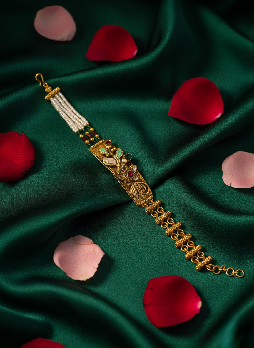 LZ-75 Antique Gold Floral Pearl Bracelet