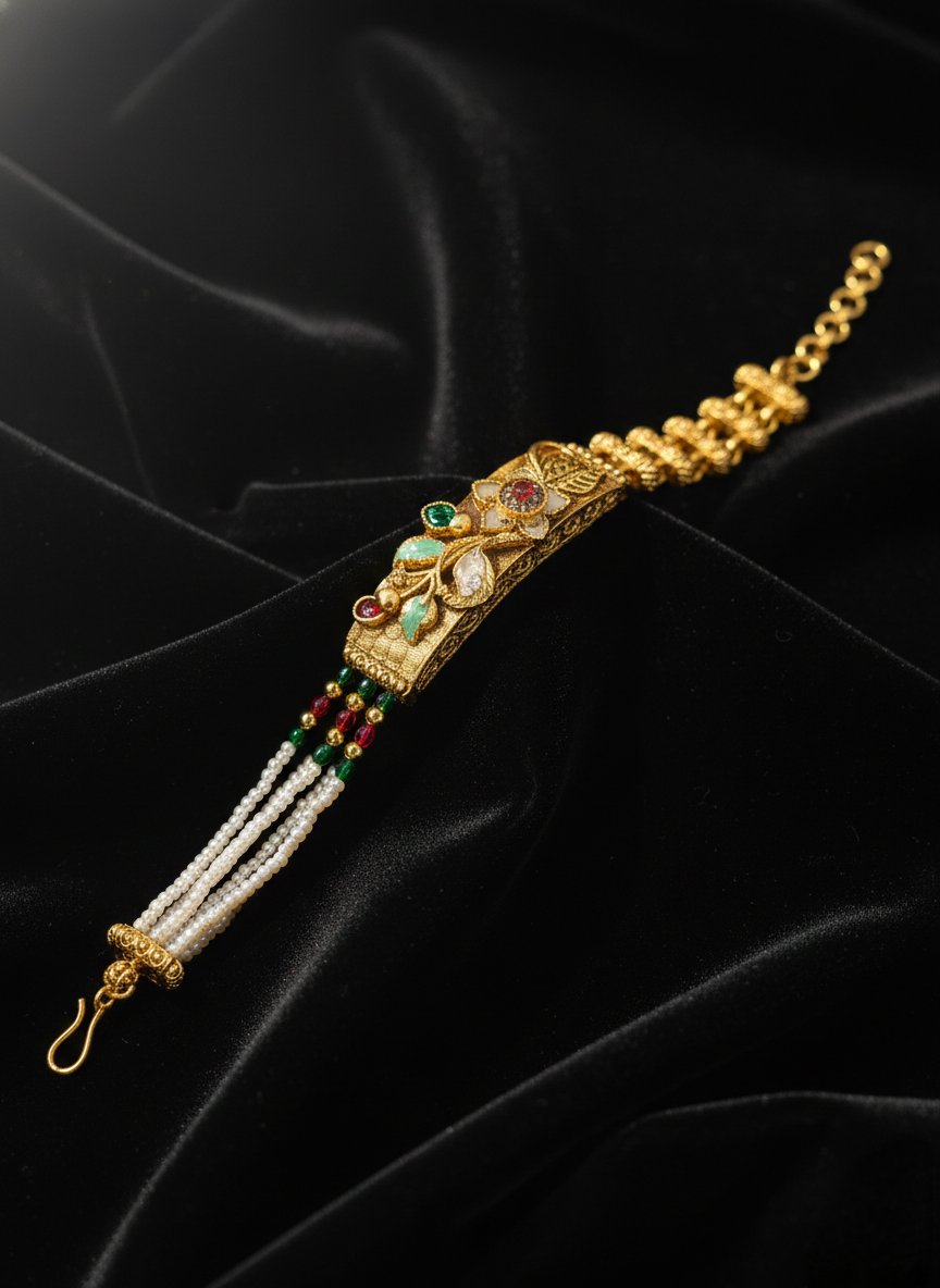 LZ-75 Antique Gold Floral Pearl Bracelet
