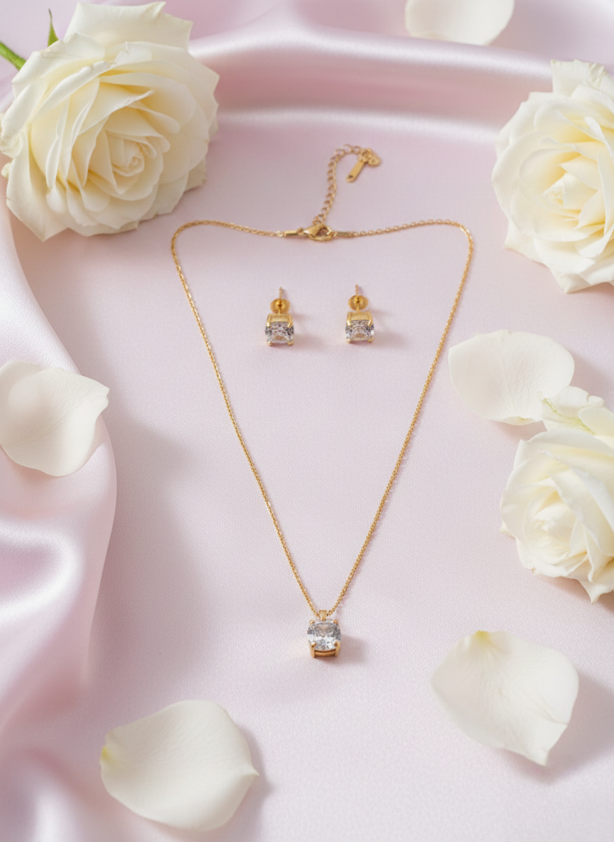 LZ-100 Elara Anti-Tarnish Solitaire Necklace & Stud Set