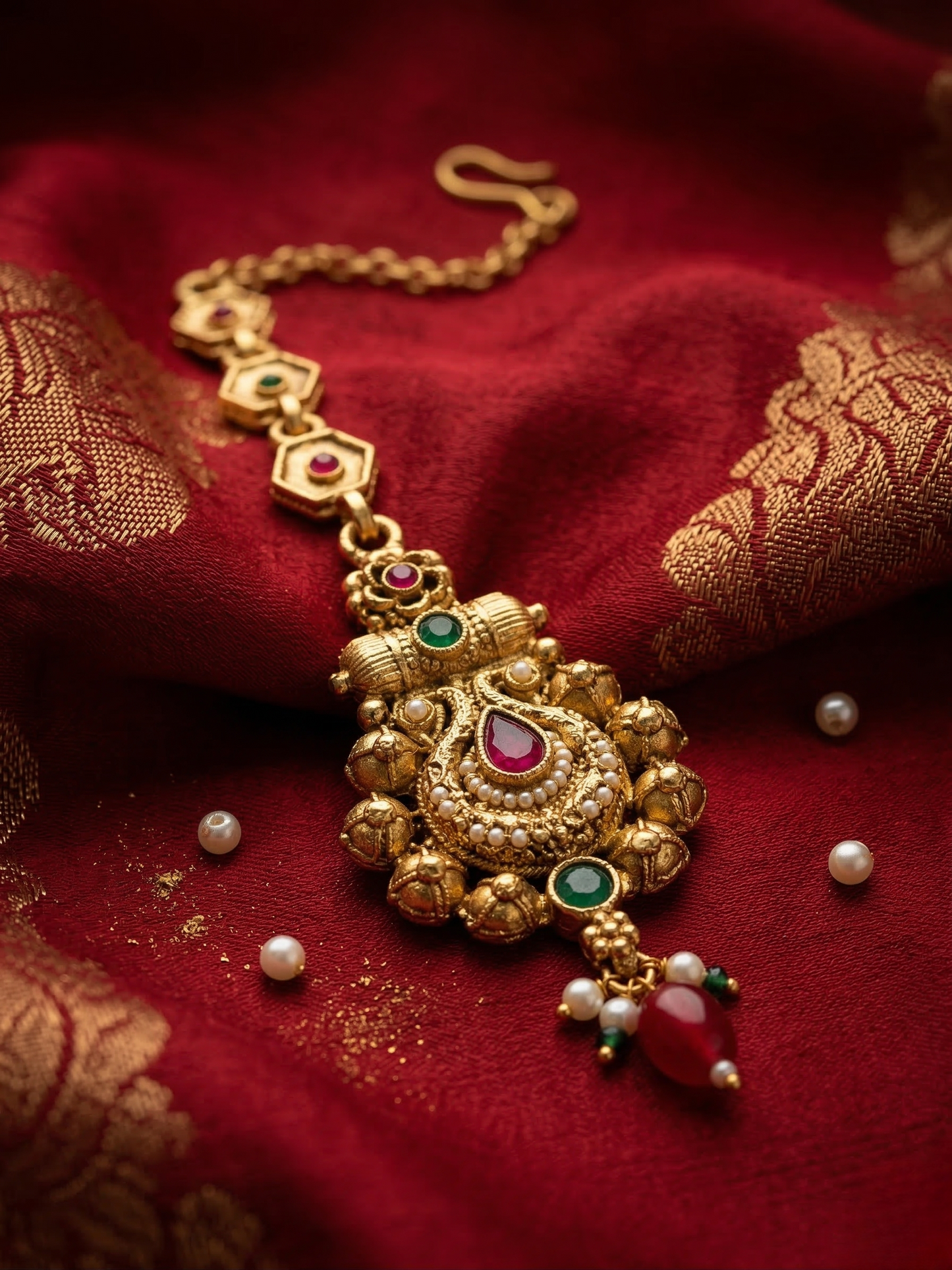 LZ-130 Traditional Gold Tone Kundan Mang Tikka with Red & Green Stones