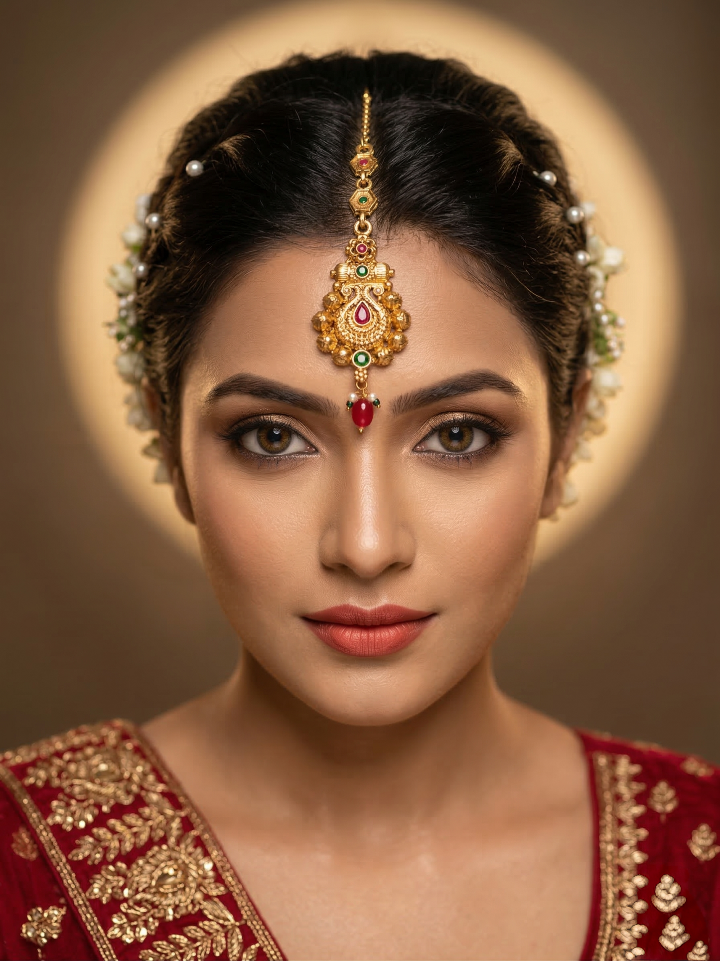LZ-130 Traditional Gold Tone Kundan Mang Tikka with Red & Green Stones