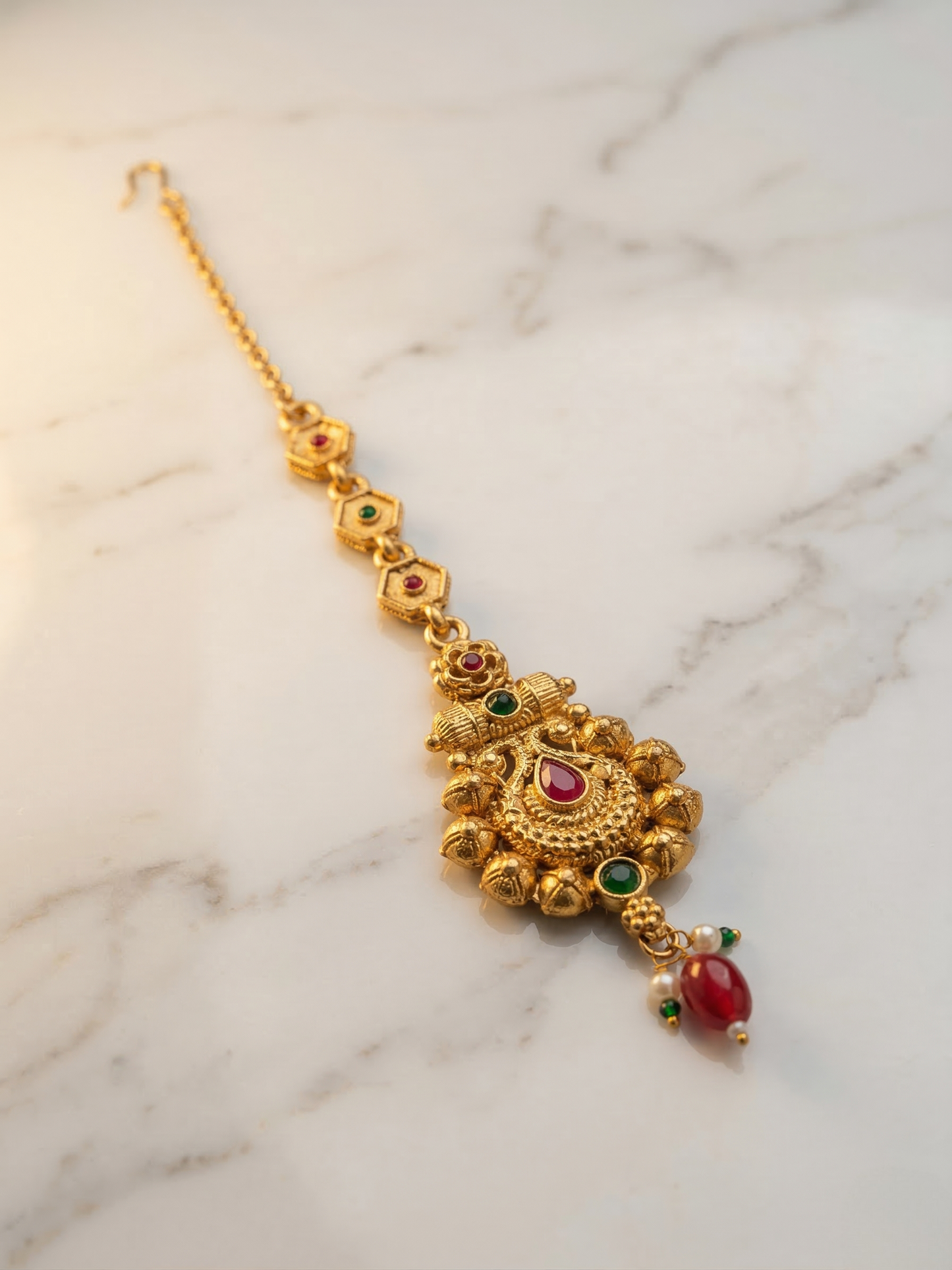 LZ-130 Traditional Gold Tone Kundan Mang Tikka with Red & Green Stones