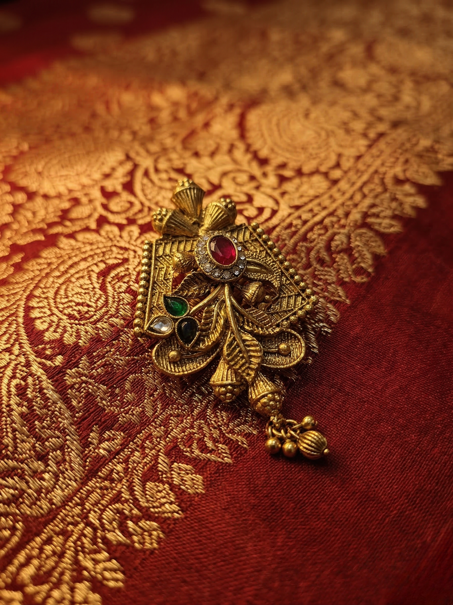 LZ-132 Traditional Gold Tone Floral Saree Pin with Red, Green & White Stones Saree pin