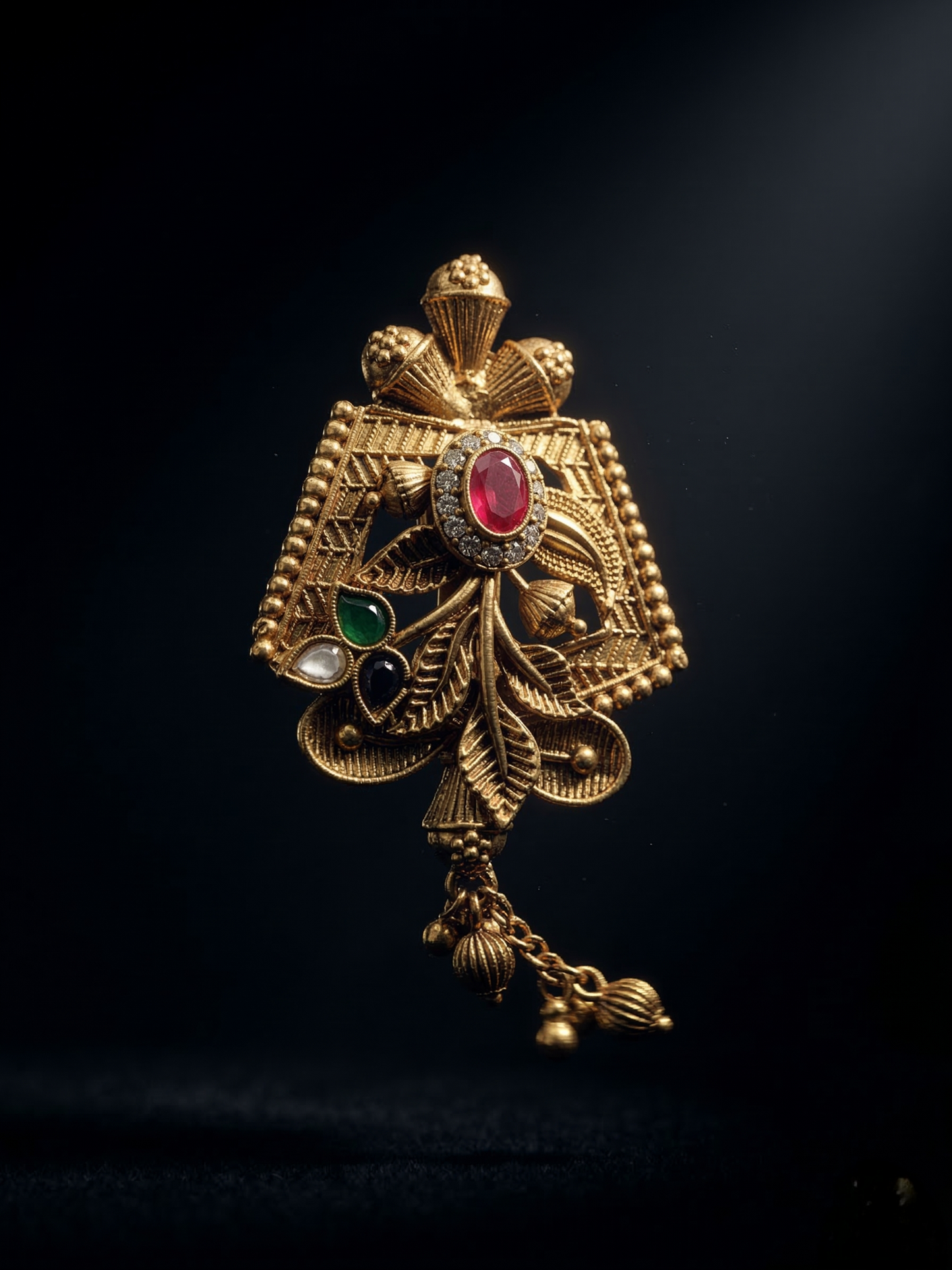 LZ-132 Traditional Gold Tone Floral Saree Pin with Red, Green & White Stones Saree pin