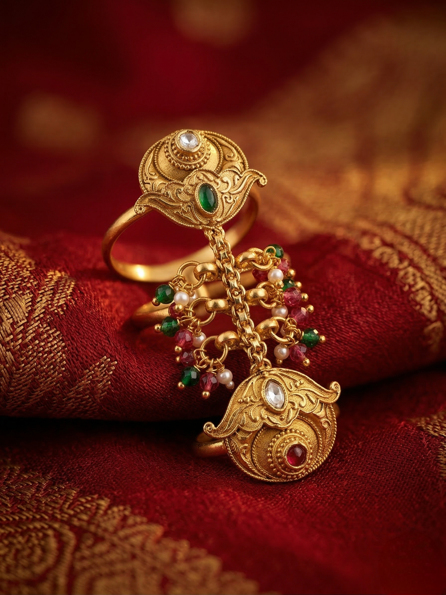 LZ-133 Traditional Gold Tone Statement Finger Ring with Red, Green & Pearl Beads
