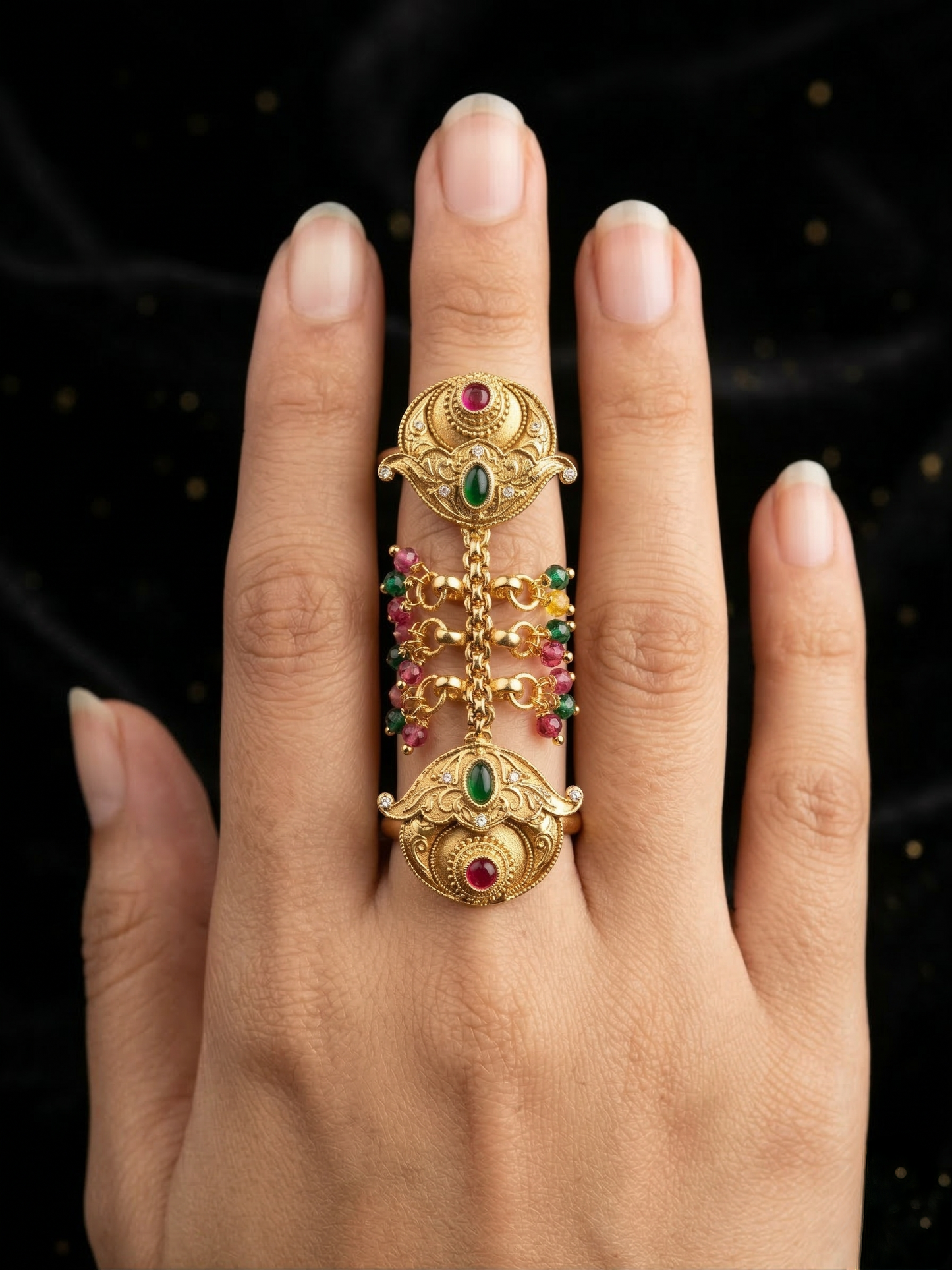 LZ-133 Traditional Gold Tone Statement Finger Ring with Red, Green & Pearl Beads