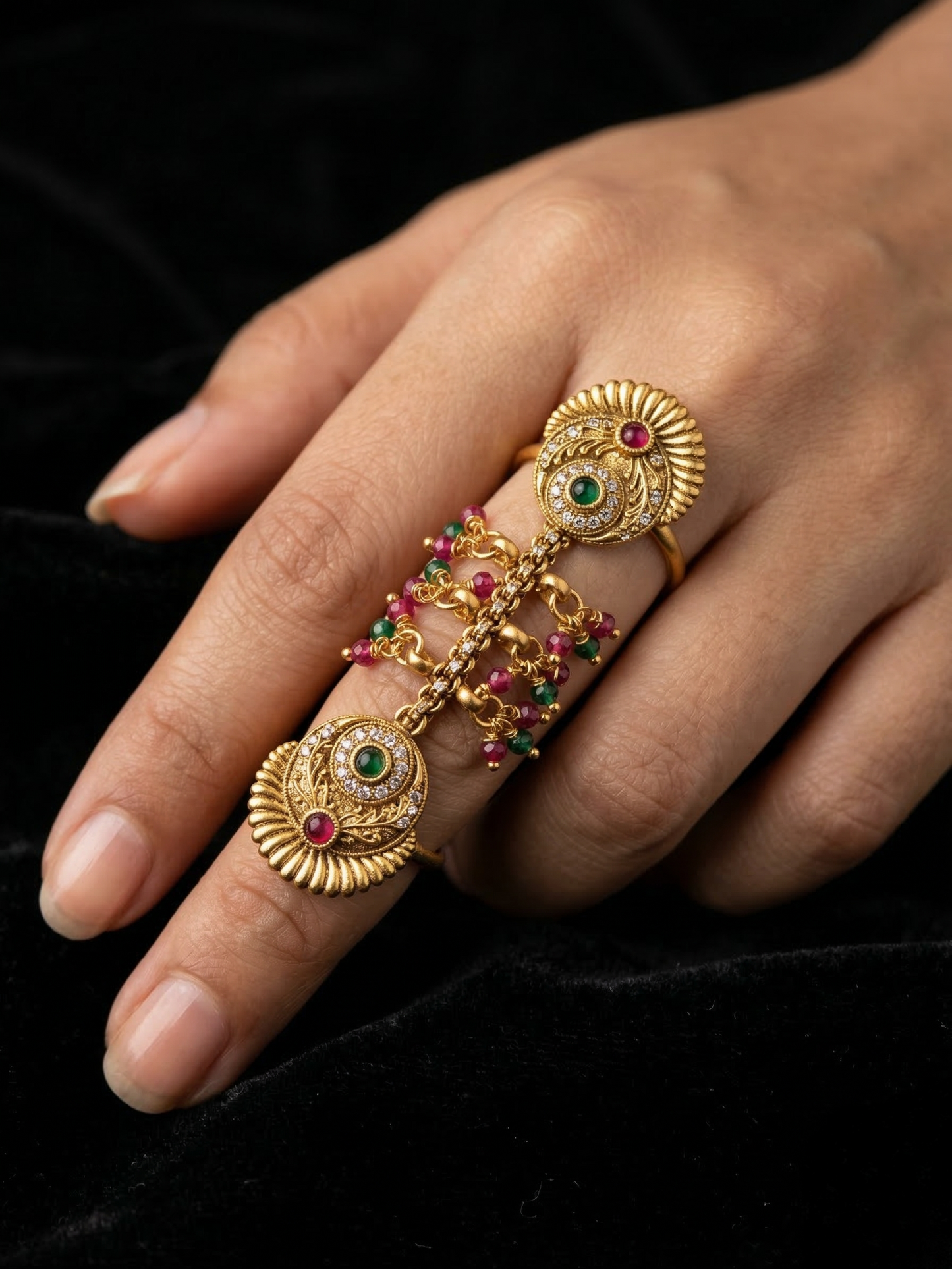 LZ-134 Traditional Gold Tone Statement Finger Ring with Red & Green Stones