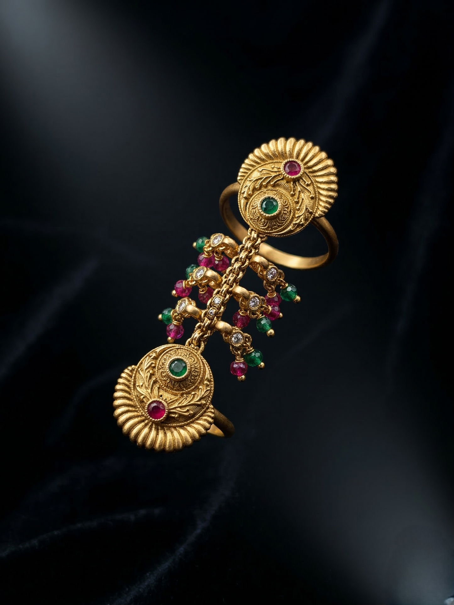 LZ-134 Traditional Gold Tone Statement Finger Ring with Red & Green Stones