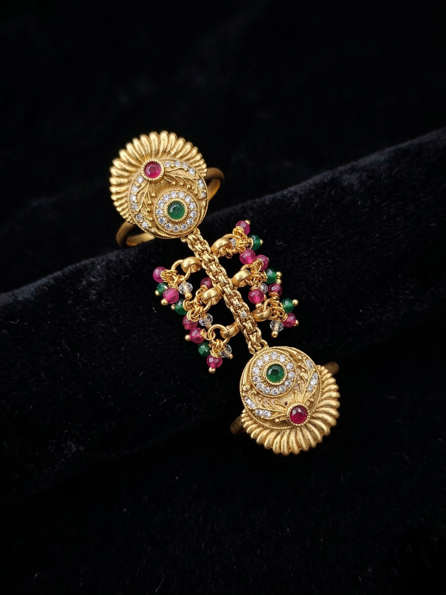 LZ-134 Traditional Gold Tone Statement Finger Ring with Red & Green Stones