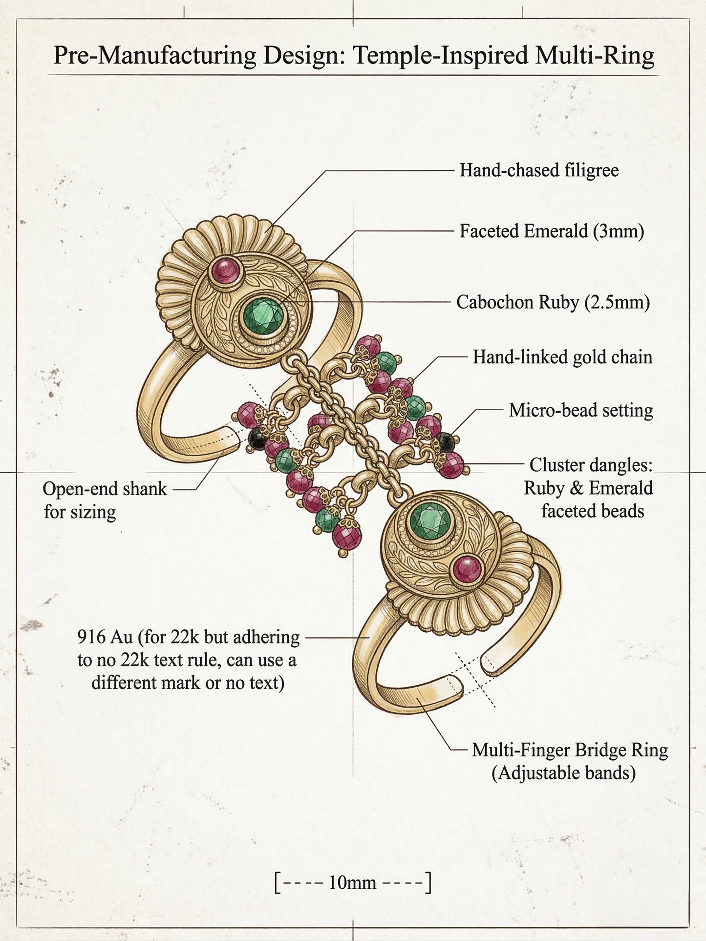LZ-134 Traditional Gold Tone Statement Finger Ring with Red & Green Stones