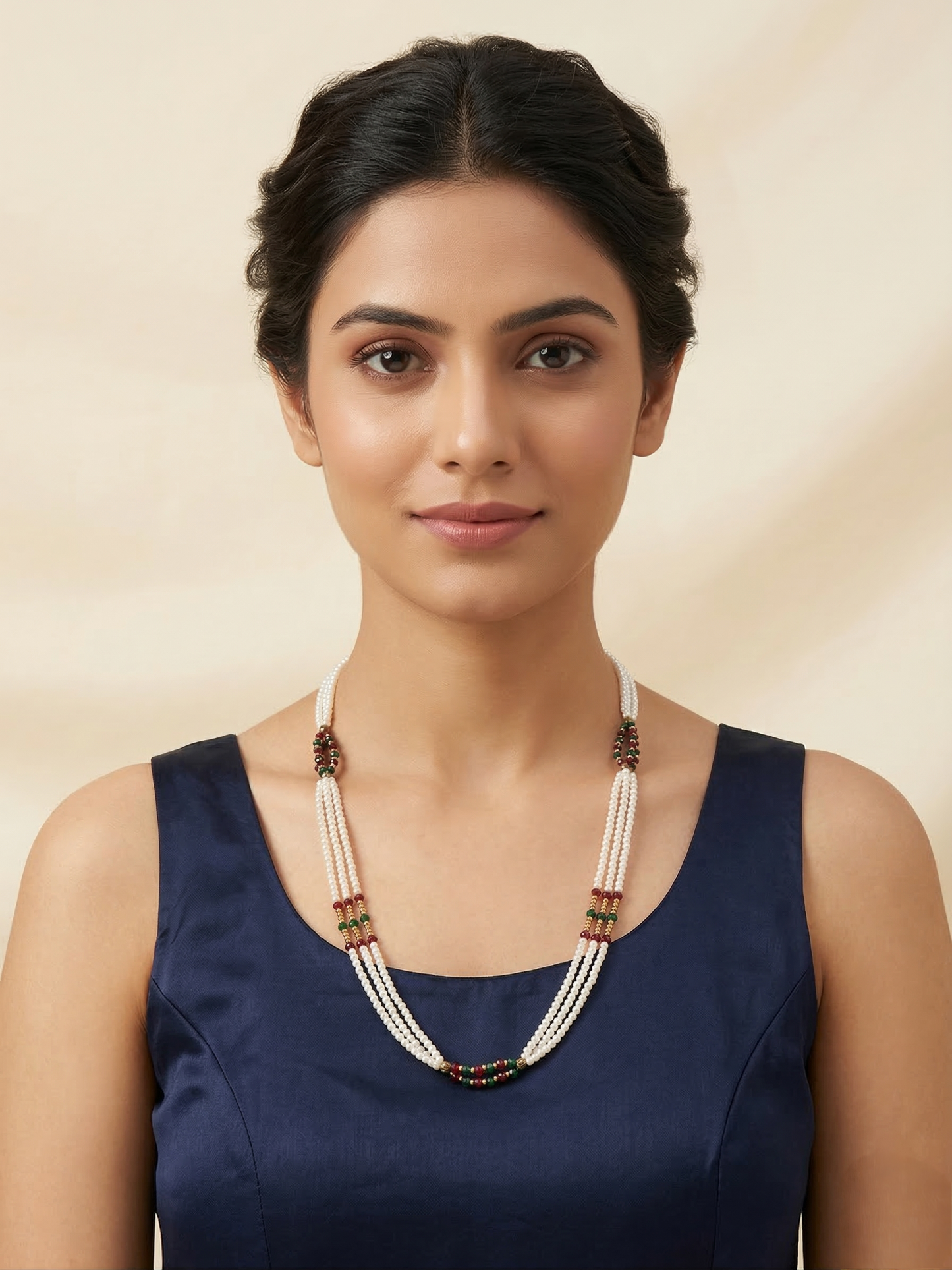 LZ-142 Elegant Multi-Strand Pearl Necklace with Multicolor Beaded Accents