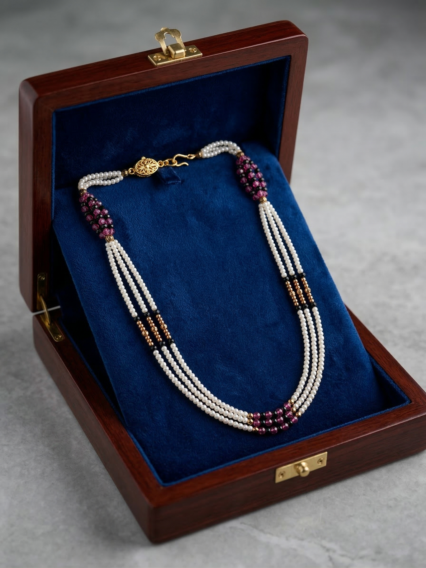 LZ-144 Elegant Pearl & Ruby-Tone Triple Layer Necklace