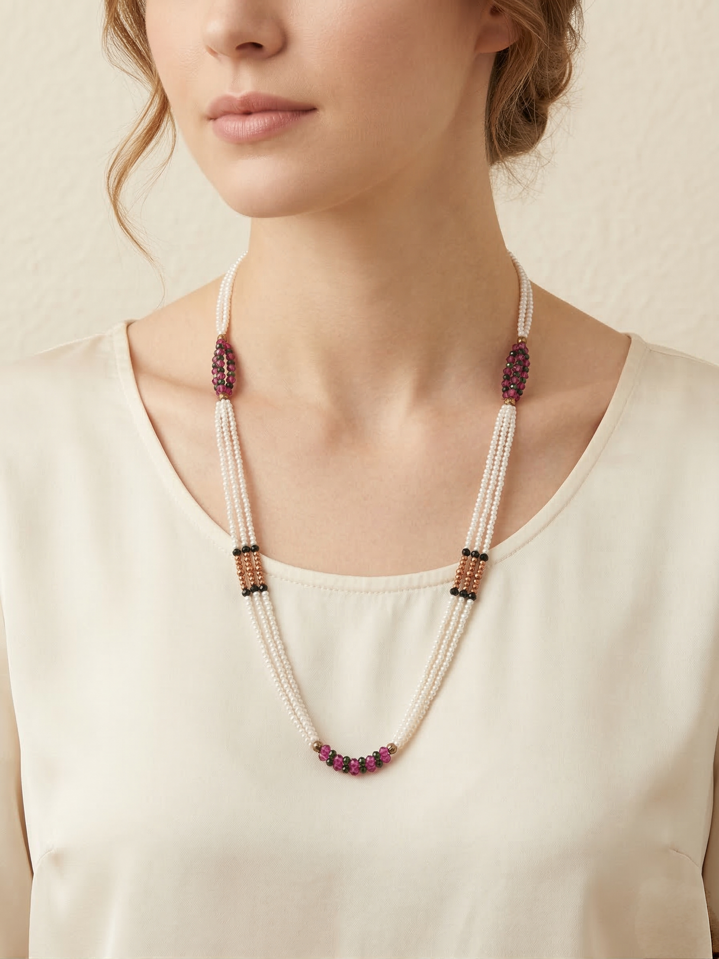 LZ-144 Elegant Pearl & Ruby-Tone Triple Layer Necklace