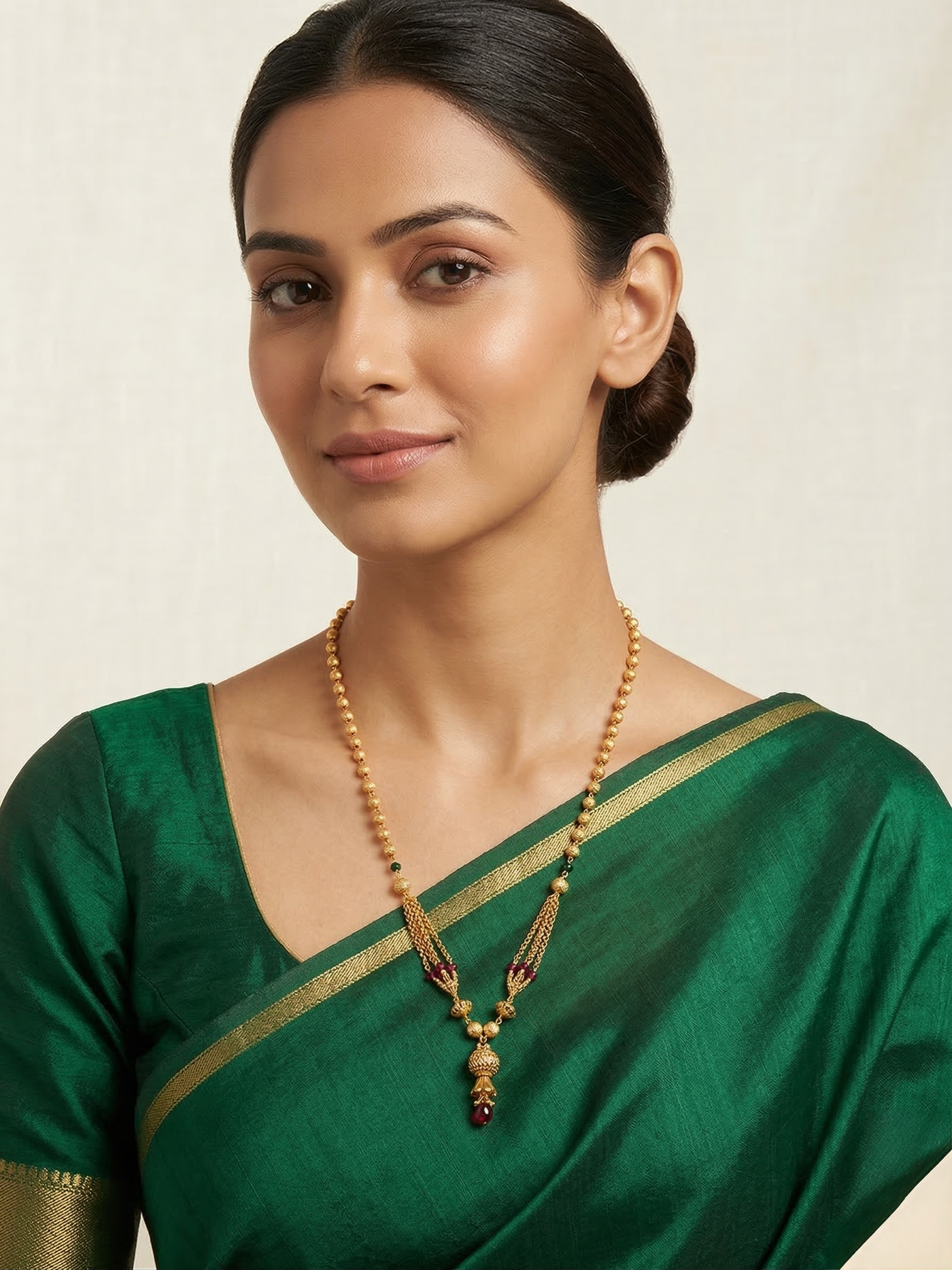 LZ-148 Elegant Red & Green Beaded Gold-Tone Necklace