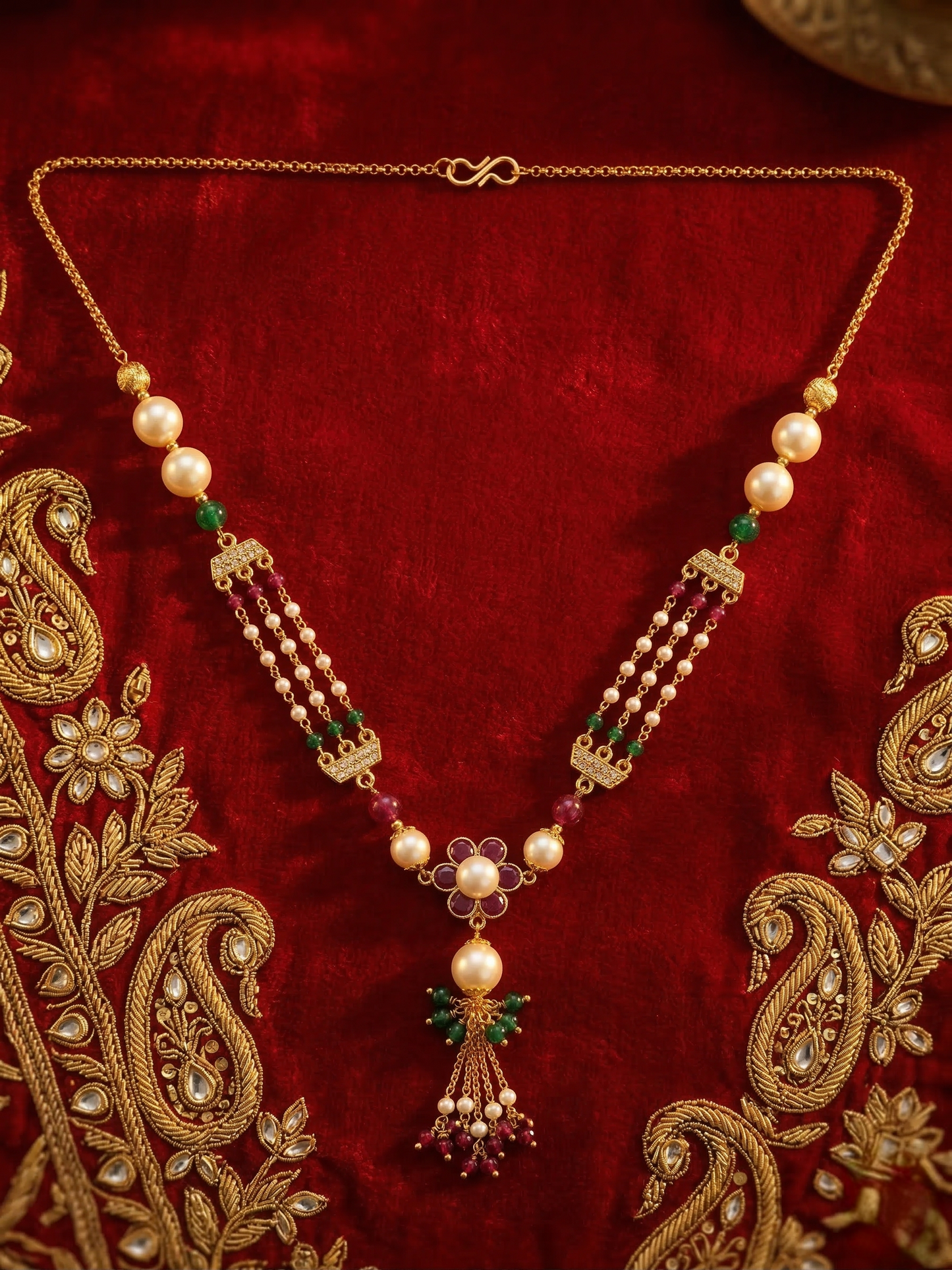 LZ-149 Royal Pearl & Green Bead Long Necklace