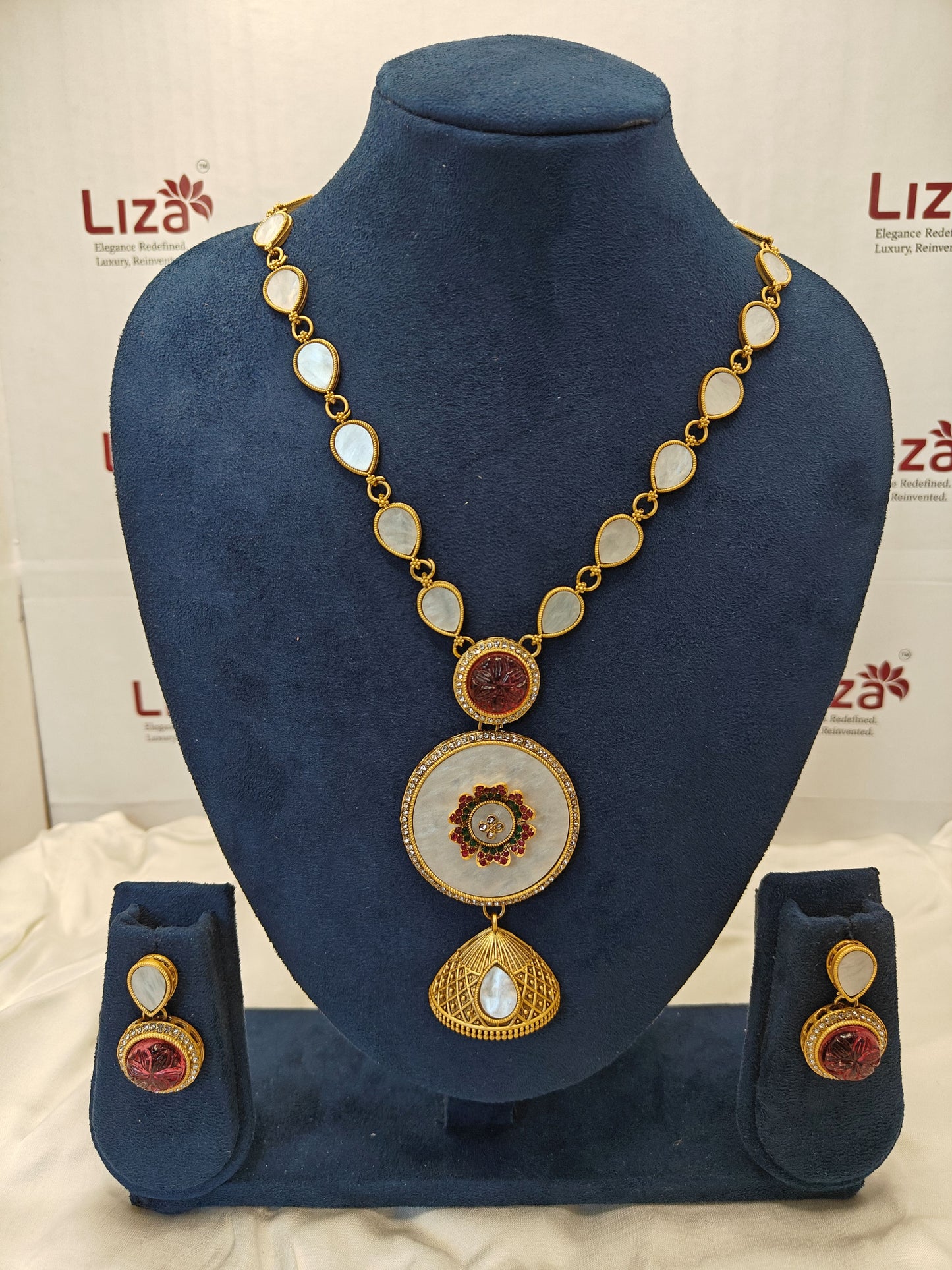 LZ-04 Long Necklace Set with Pearl Strands & White Stone Pendant