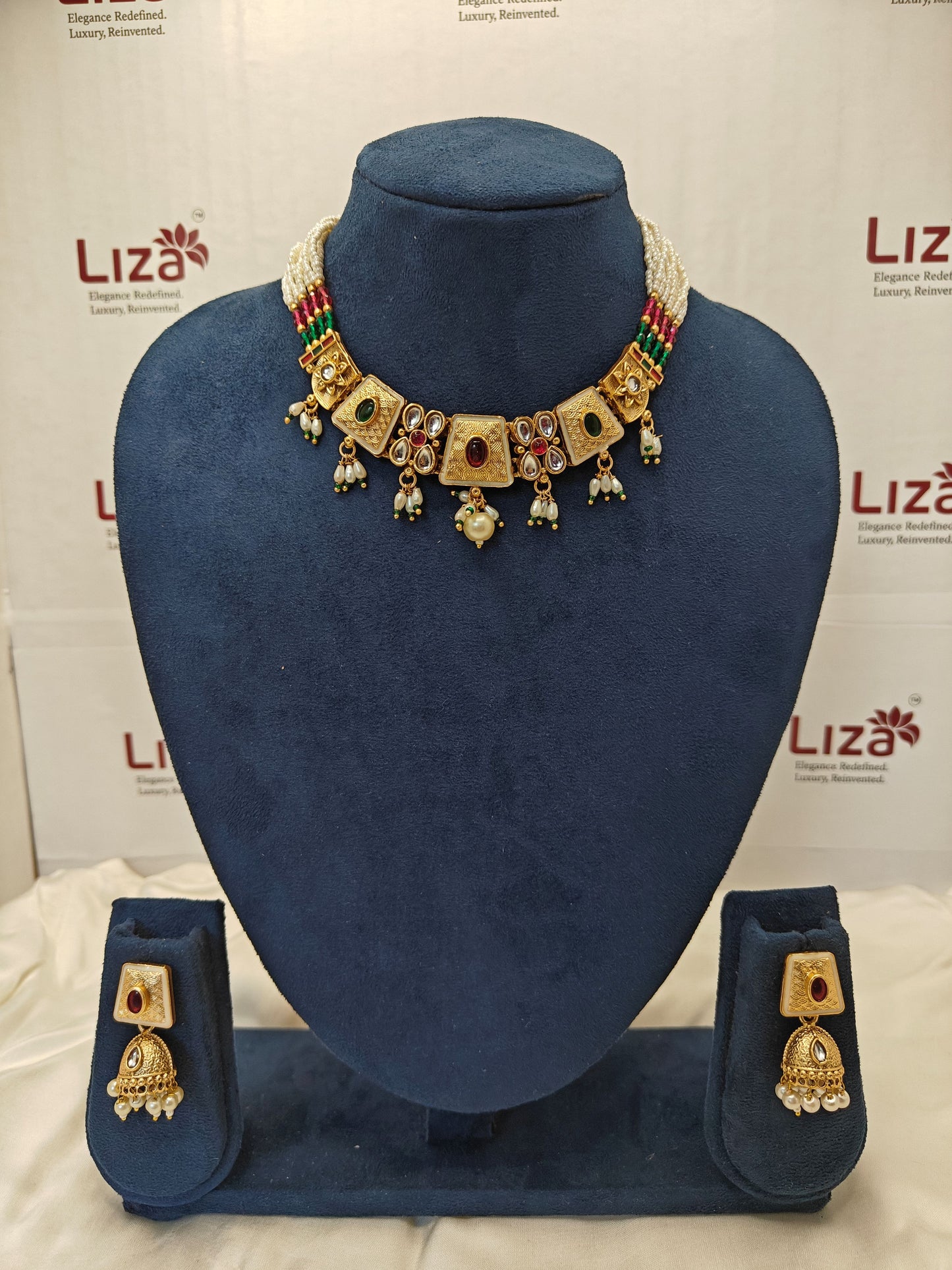 LZ-17 Pearl Kundan Necklace Set with Jhumka Earrings