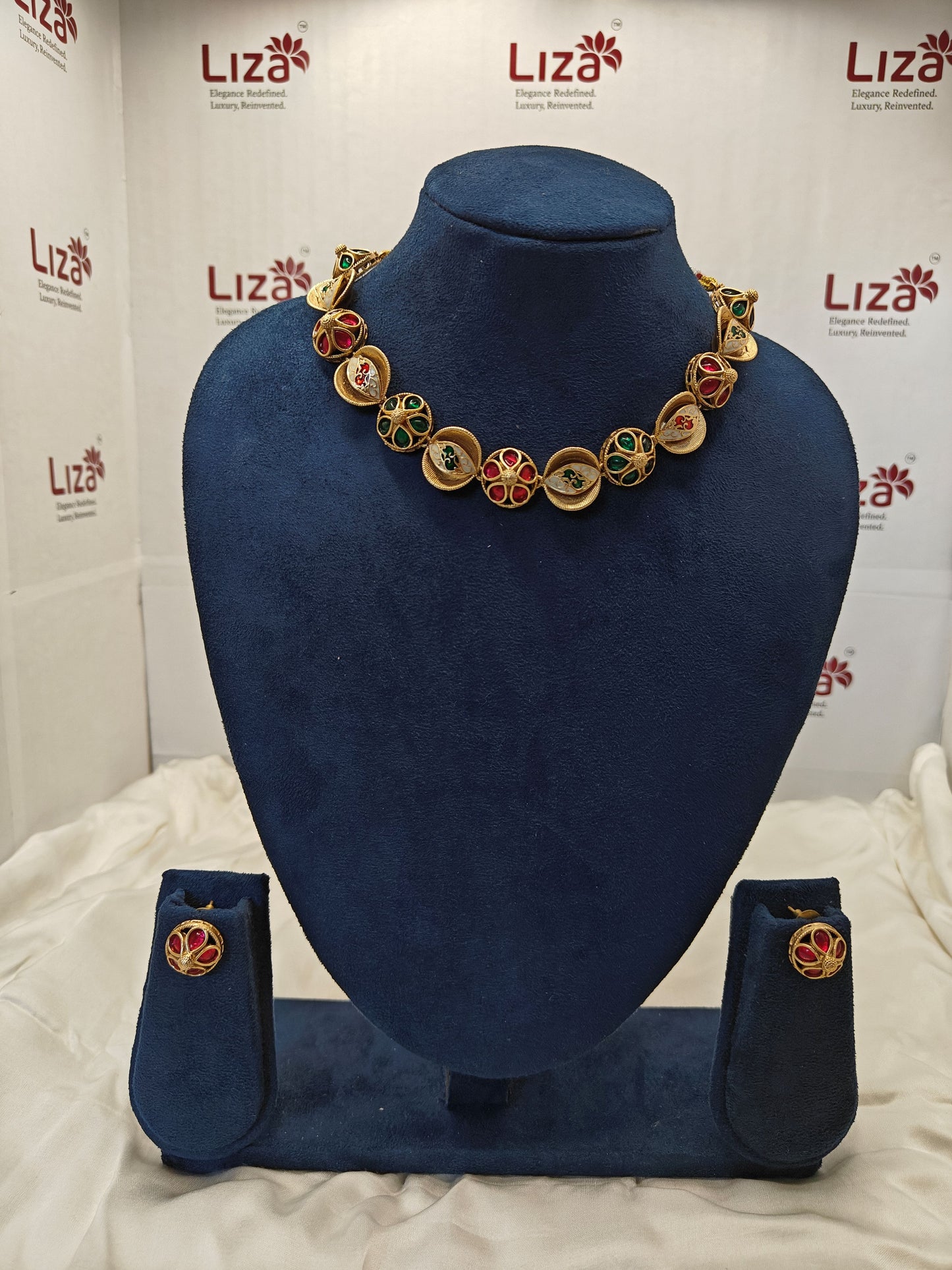 LZ- 67 Traditional Red & Green Stone Studded Heritage Necklace Set