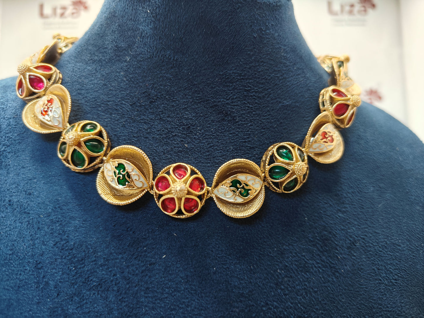 LZ- 67 Traditional Red & Green Stone Studded Heritage Necklace Set