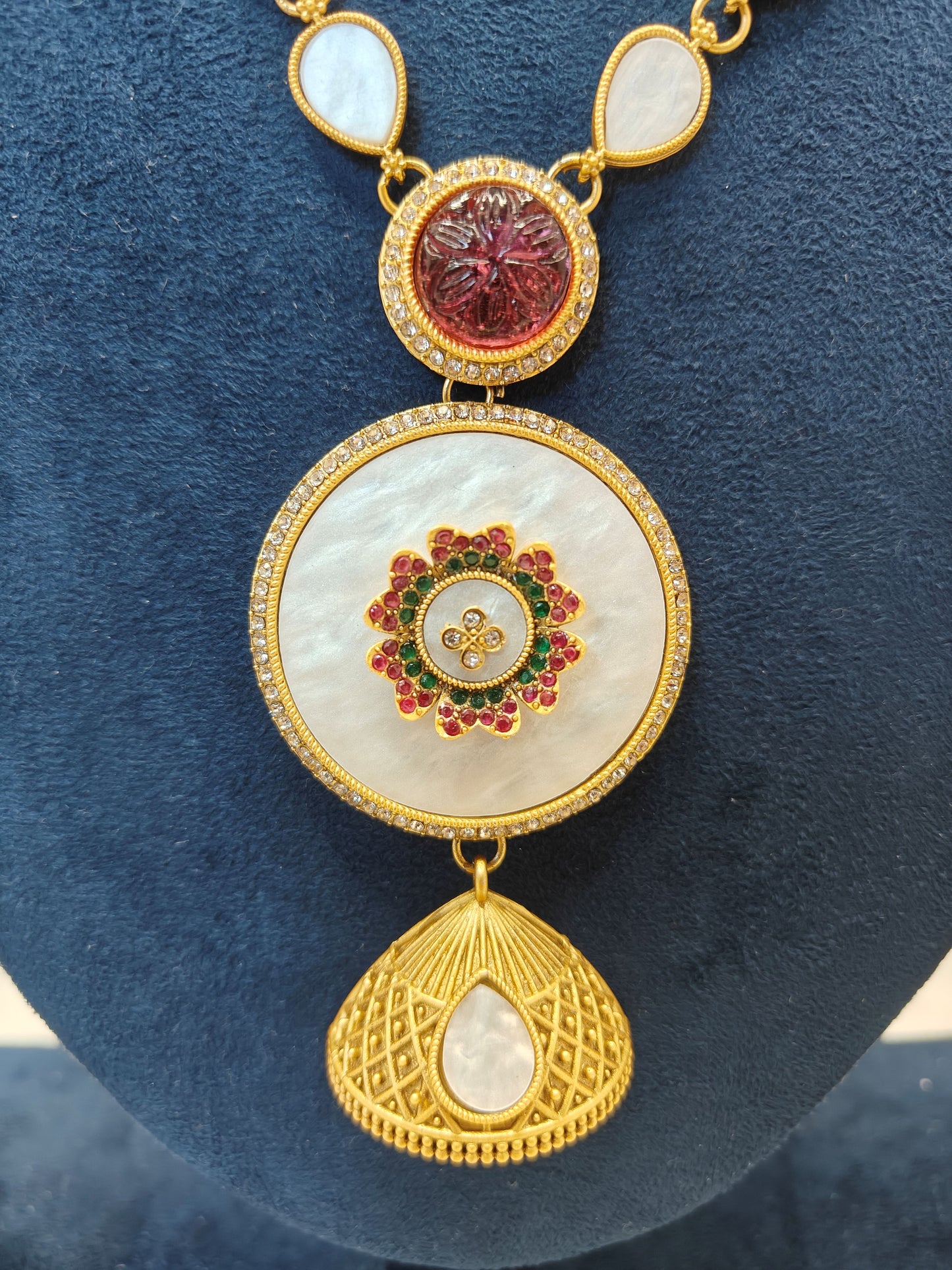 LZ-04 Long Necklace Set with Pearl Strands & White Stone Pendant