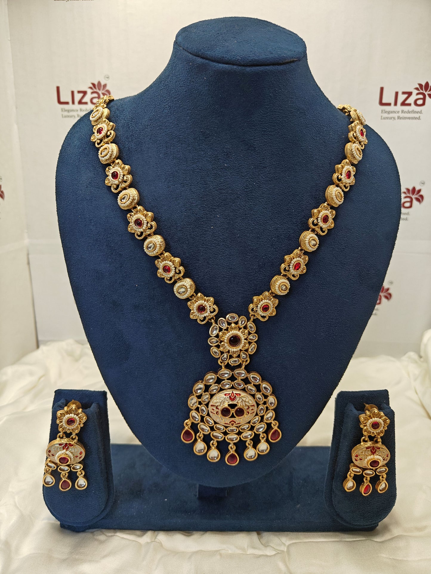LZ-62 Antique Long Necklace Set with Kundan & Red Meenakari Work
