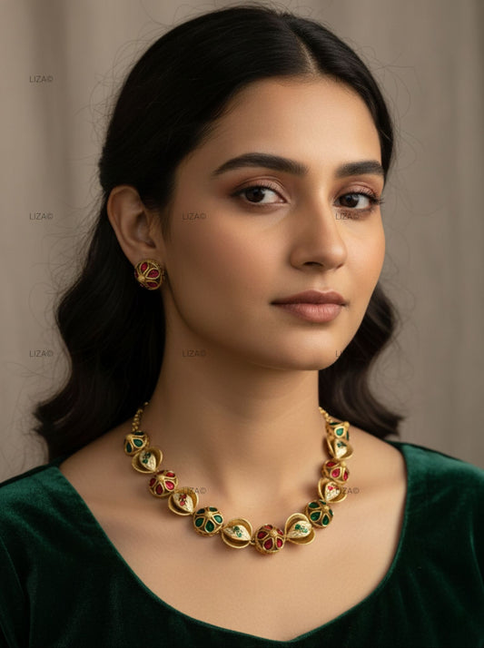 LZ- 67 Traditional Red & Green Stone Studded Heritage Necklace Set