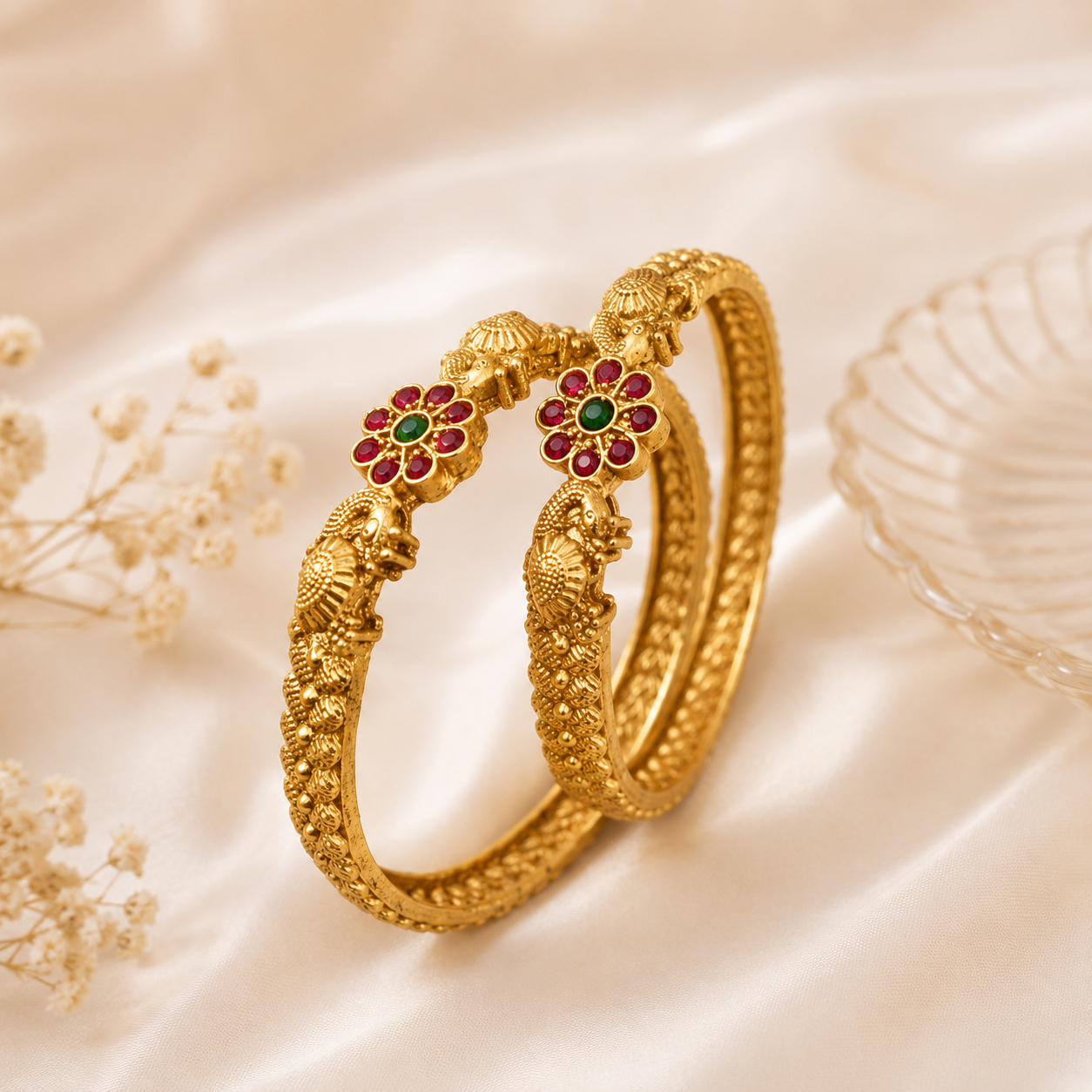 LZ-199 Mayura Ruby-Green Peacock Bangles – Set of 2