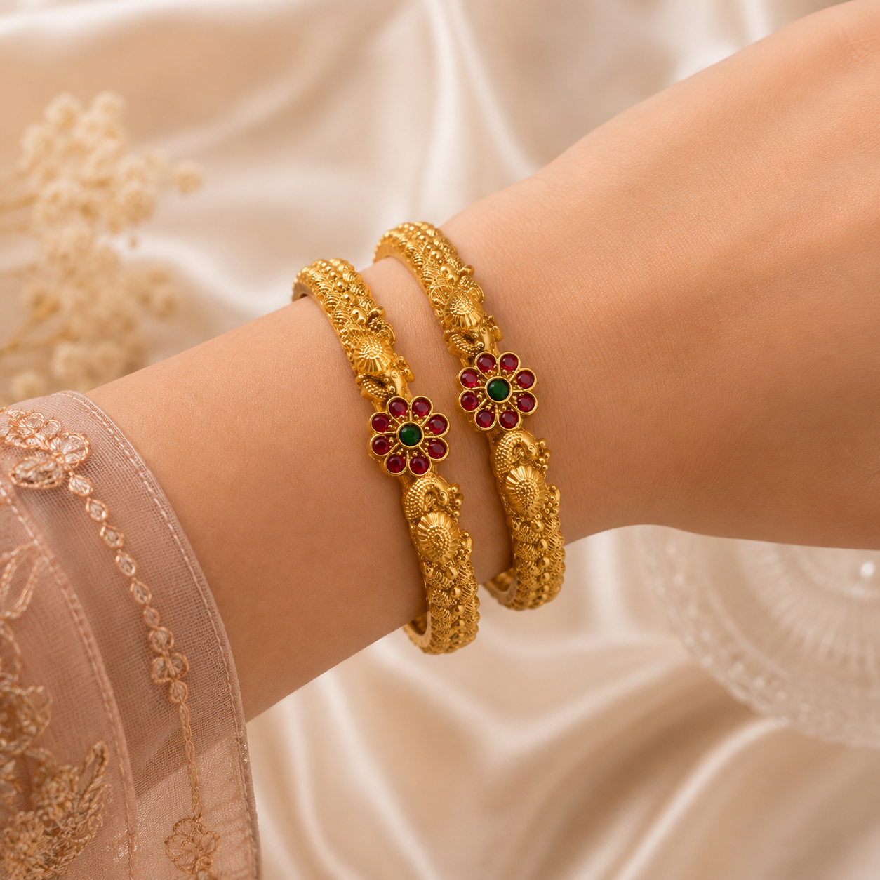 LZ-199 Mayura Ruby-Green Peacock Bangles – Set of 2