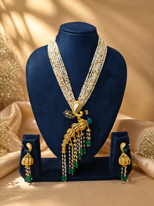 Peacock Pearl Layered Necklace Set with Statement Earrings | Traditional Ethnic Jewellery by Liza