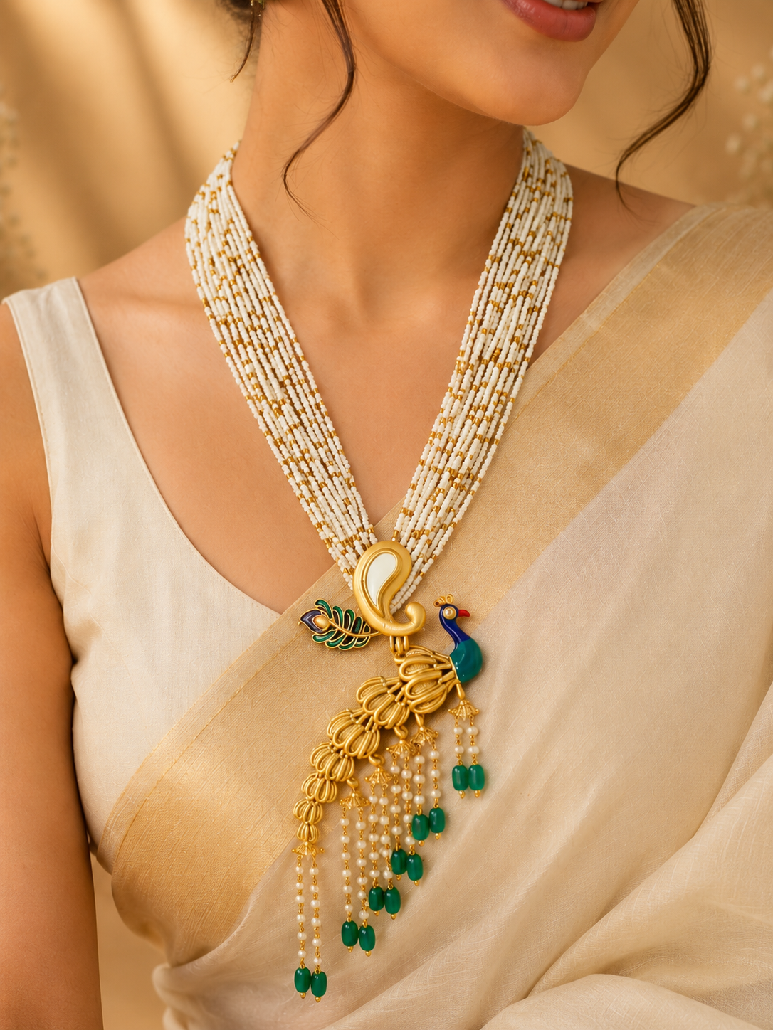 Peacock Pearl Layered Necklace Set with Statement Earrings | Traditional Ethnic Jewellery by Liza